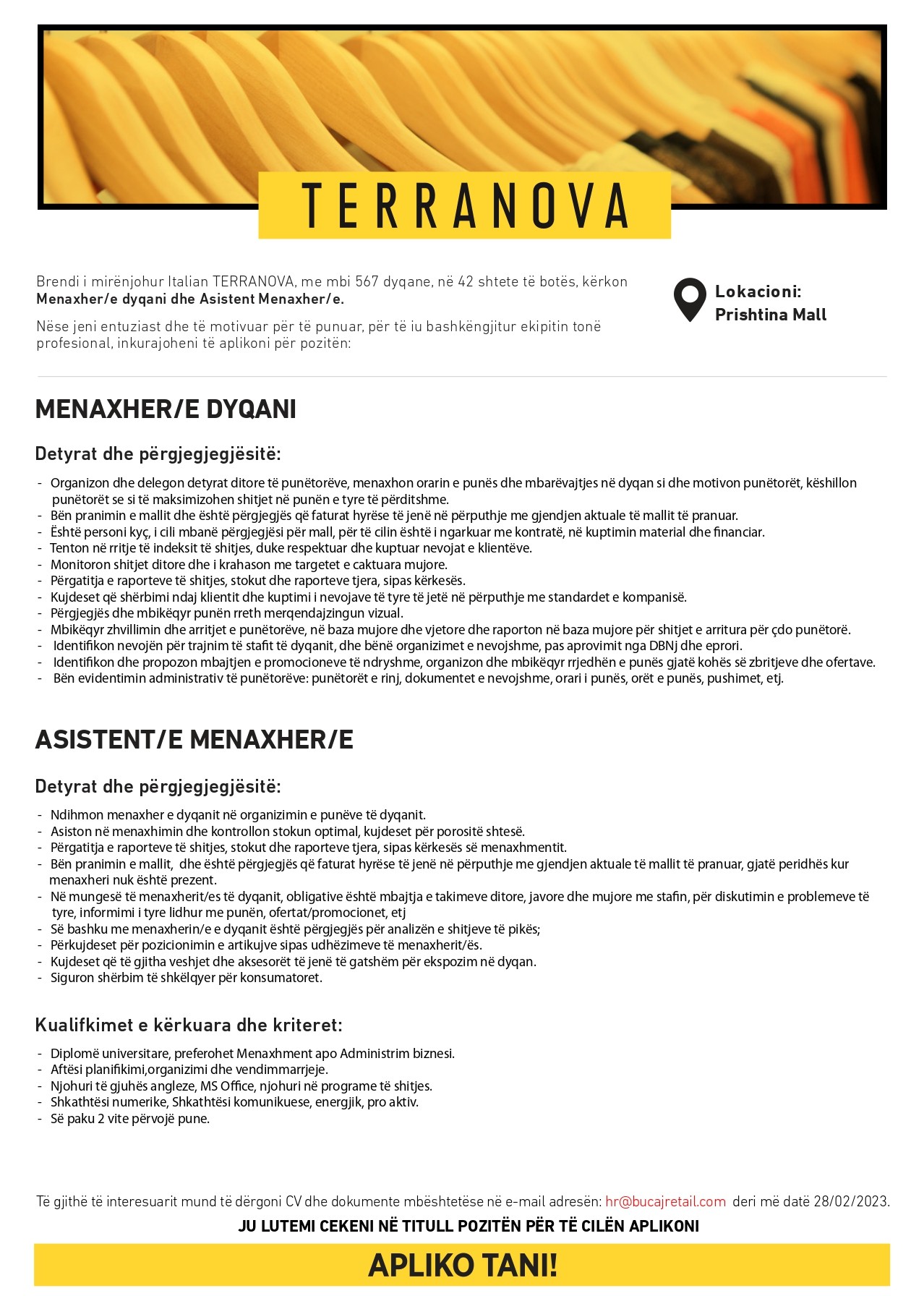 MENAXHER/E DYQANI, ASISTENT/E MENAXHER/E